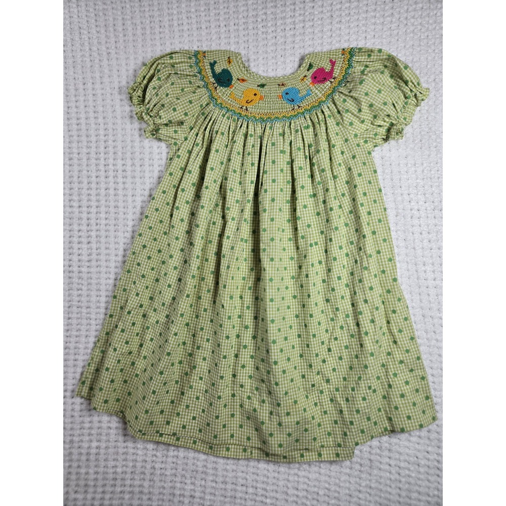 Princess Lib 3T Green Gingham Smocked Bishop Dress Whale Embroidery Nautical